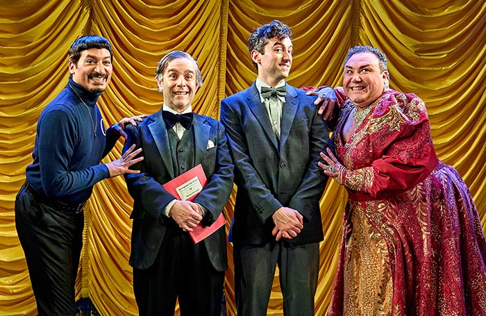 Raj Ghatak, Andy Nyman, Marc Antolin and Trevor Ashley in The Producers at the Menier Chocolate Factory, London. Photo: Manuel Harlan