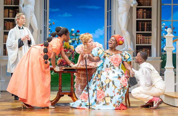 Richard Cant, Ronkẹ Adékọluẹ́jọ́, Eliza Scanlen, Sharon D Clarke and and Ncuti Gatwa in The Importance of Being Earnest at the National Theatre. Photo: Marc Brenner