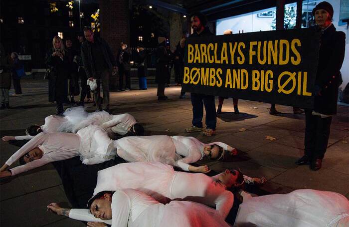 Fossil Free London campaigners protesting Sadler's Wells’ ties with Barclays demonstrated at the first night of Matthew Bourne's Swan Lake on December 3. Photo: Fossil Free London