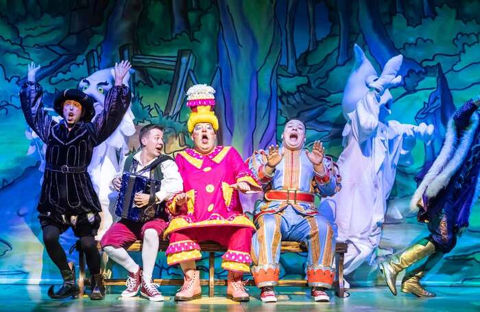 Marc Pickering, James Harrison, Damian Williams, George Akid and Matthew Croke in Snow White at the Lyceum Theatre, Sheffield. Photo: Pamela Raith