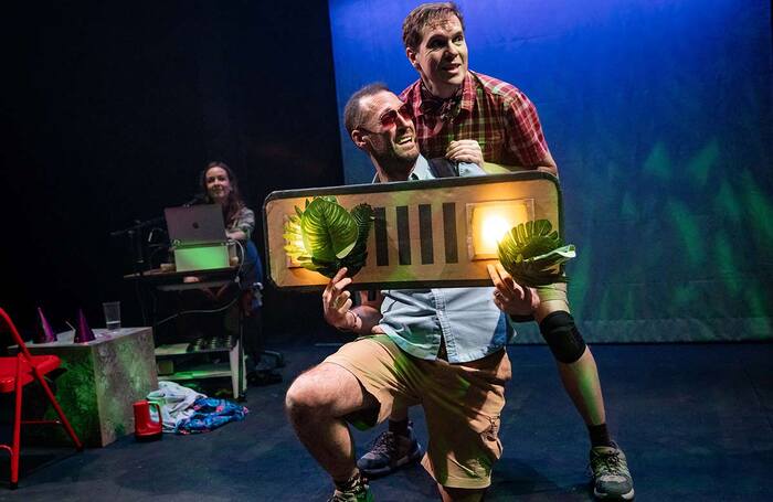 Charlie Ives, Jack Baldwin and Laurence Pears in Hold On to Your Butts at Arcola Theatre, London. Photo: Mark Senior