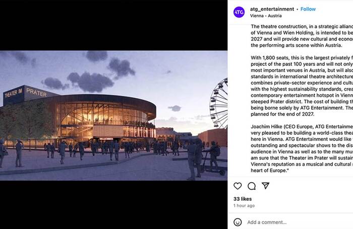 Excerpt of ATG Entertainment's Instagram post announcing the new Theater im Prater in Vienna. Photo: Instagram