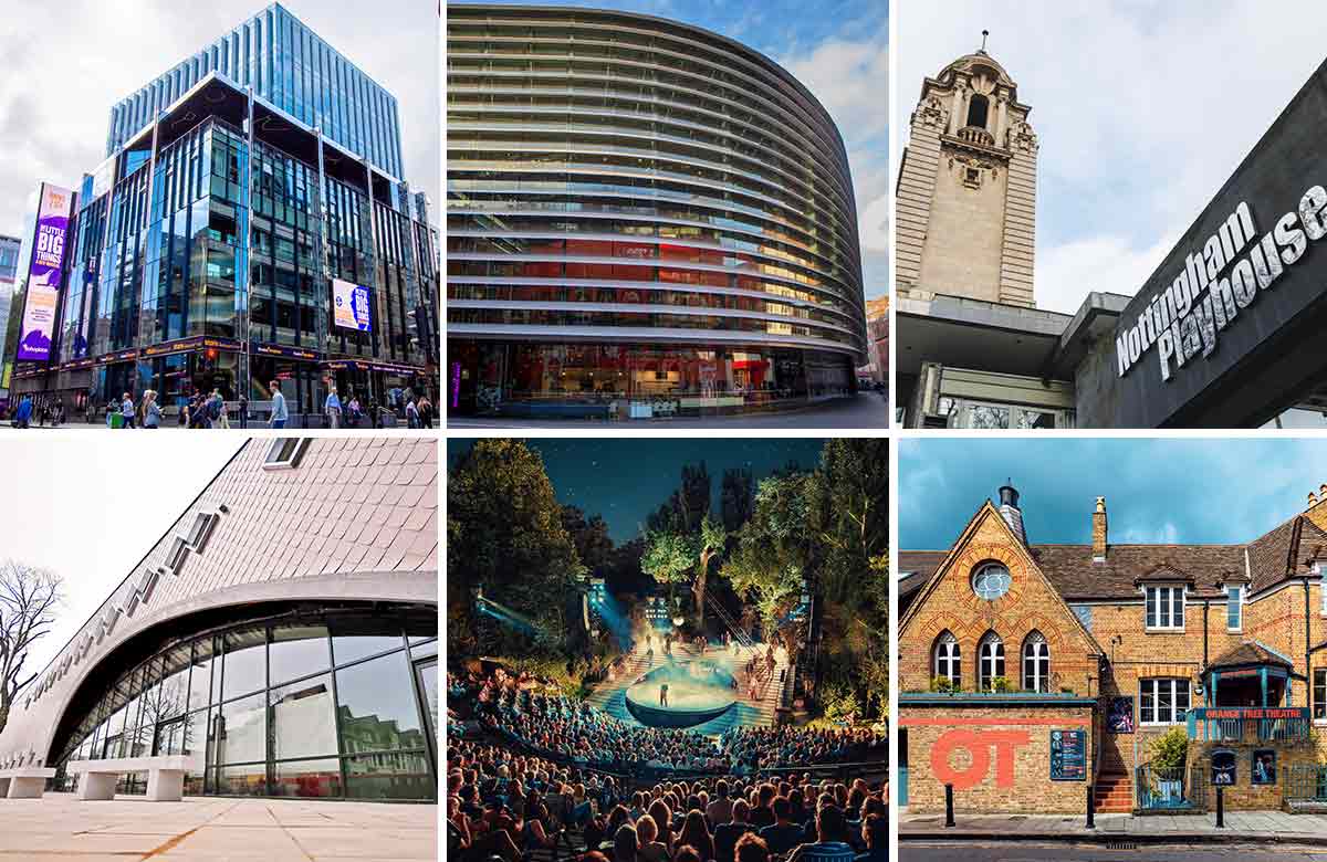 The Stage Awards 2024 Theatre of the Year includes (clockwise from top left) @sohoplace, London; Curve, Leicester; Nottingham Playhouse; Orange Tree Theatre, London; Regent’s Park Open Air Theatre, London; and Sherman Theatre, Cardiff