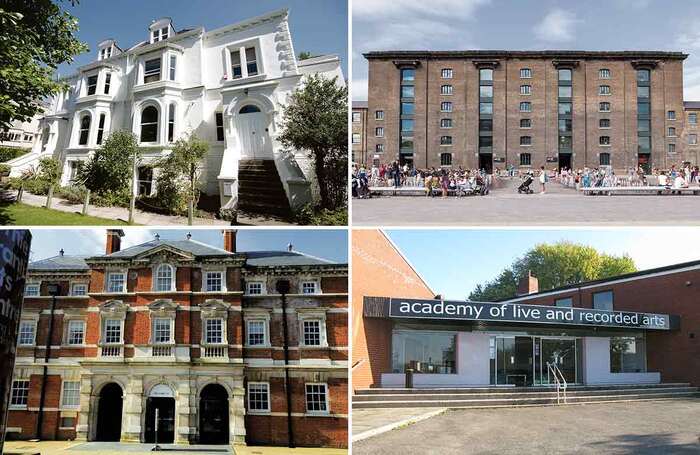 Clockwise from top left: Bristol Old Vic Theatre School, Drama Centre London, ALRA and the Musical Theatre Academy. Photos: Graham Burke; AC Manley/Shutterstock; ALRA; Jamie Lumley