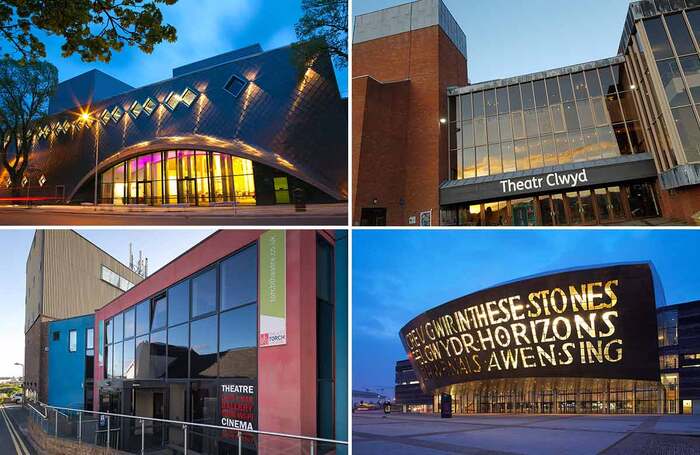 Clockwise from top left: Sherman Theatre in Cardiff, Theatr Clwyd in Mold, Wales Millennium Centre in Cardiff and Torch Theatre in Milford Haven. Photos: Billy Stock/Shutterstock (Sherman Theatre); Drew Buckley (Torch Theatre)